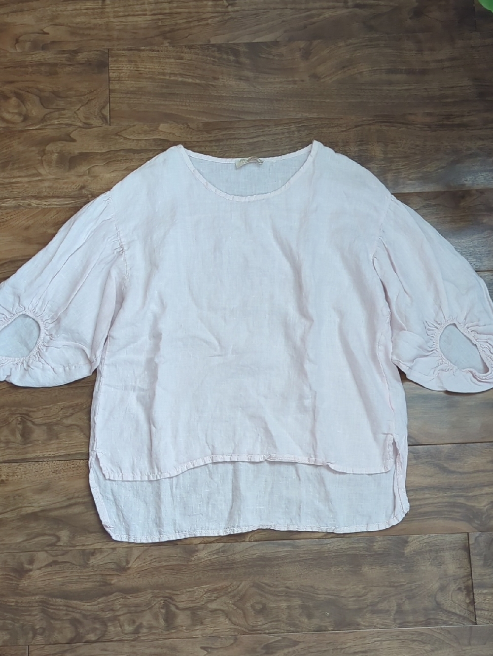 Light Pink 100% Linen Puff Sleeve Women's Top